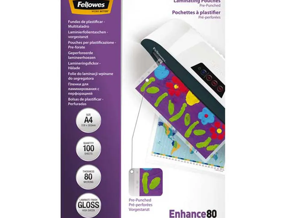 Pochette plastification fellowes perforée format a4 80 microns boîte 100 unités