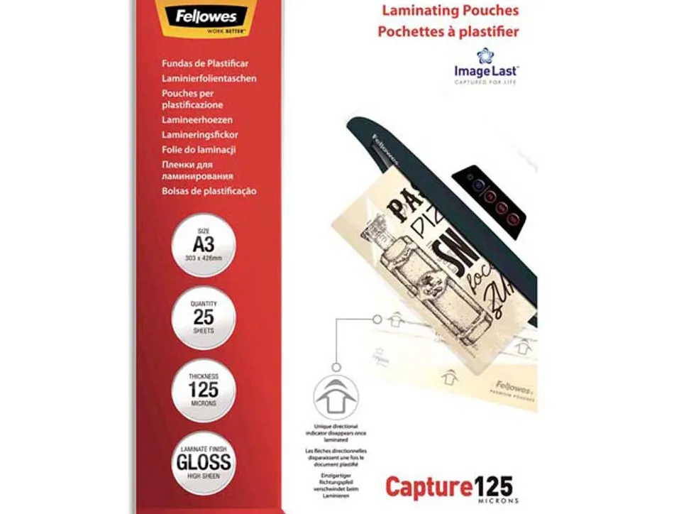 Pochette plastification fellowes à chaud polyester transparent résistant eau format a3 125 microns boîte 25 unités