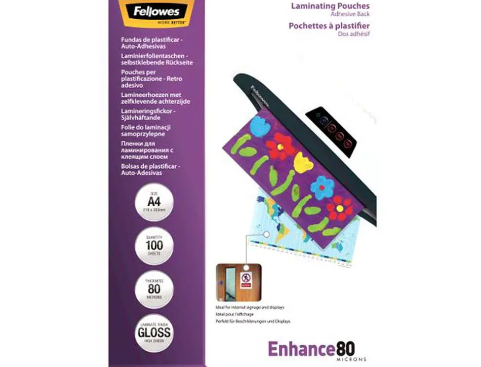 Pochette plastification fellowes à chaud polyester transparent résistant eau format a4 80 microns dos adhésif boîte 100u