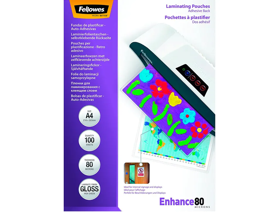 Pochette plastification fellowes à chaud polyester transparent résistant eau format a4 80 microns dos adhésif boîte 100u
