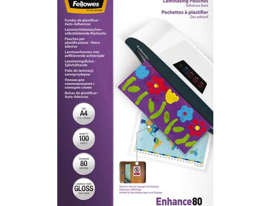 Pochette plastification fellowes à chaud polyester transparent résistant eau format a4 80 microns dos adhésif boîte 100u