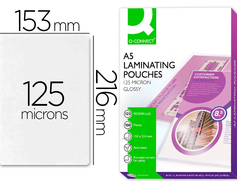 Pochette plastification q-connect autoadhésive 2 faces format a5 125 microns antistatique boîte 100 unités