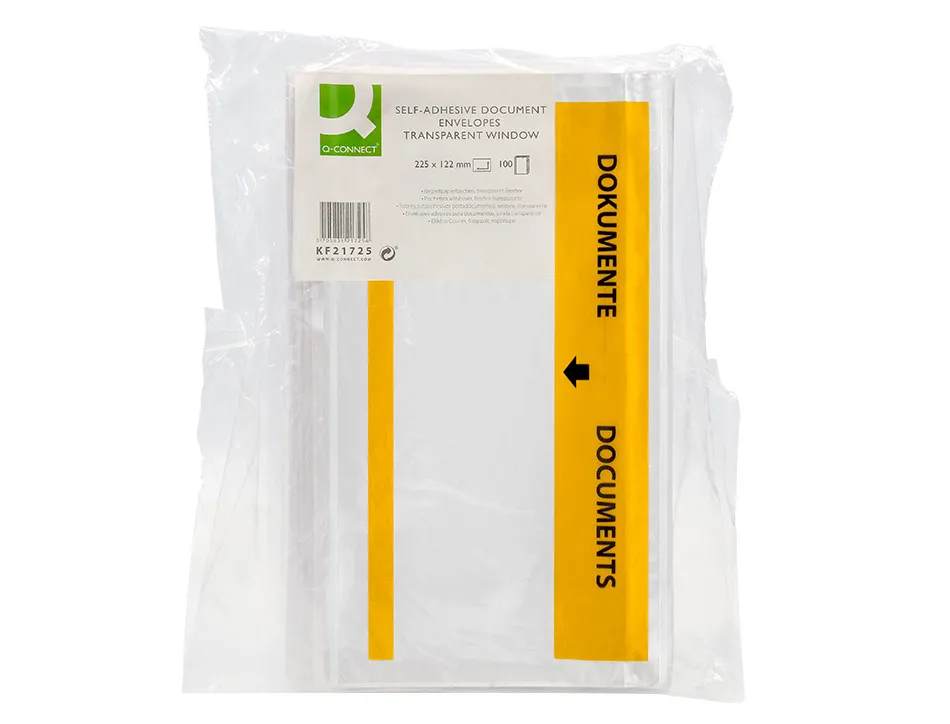 Pochette porte-documents q-connect 225x122mm auto-adhesive transparente texte francais allemand boite 100 unites