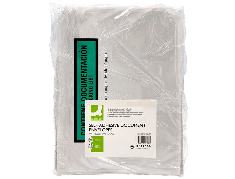 Pochette porte-documents q-connect 240x135mm auto-adhesive en papier texte espagnol anglais boite 100 unites