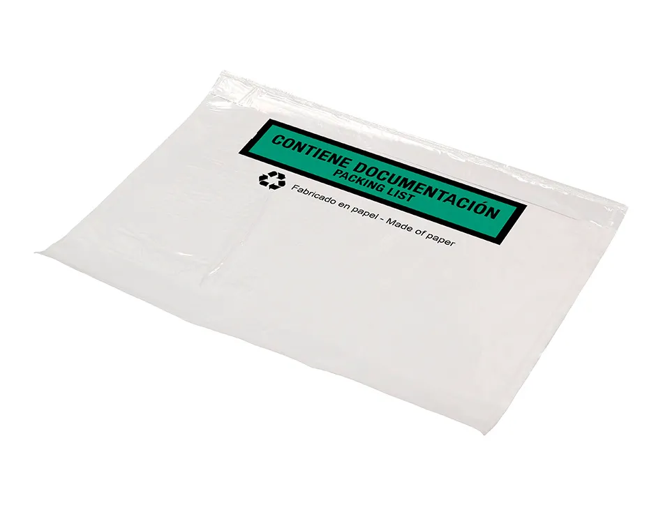 Pochette porte-documents q-connect 240x135mm auto-adhesive en papier texte espagnol anglais boite 100 unites