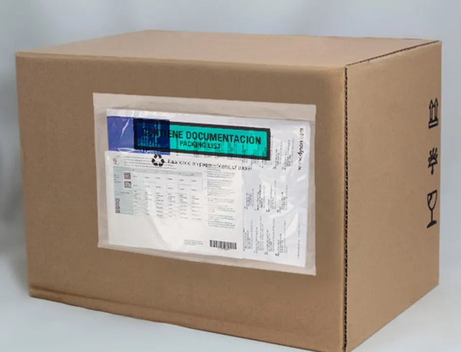 Pochette porte-documents q-connect 240x135mm auto-adhesive en papier texte espagnol anglais boite 100 unites