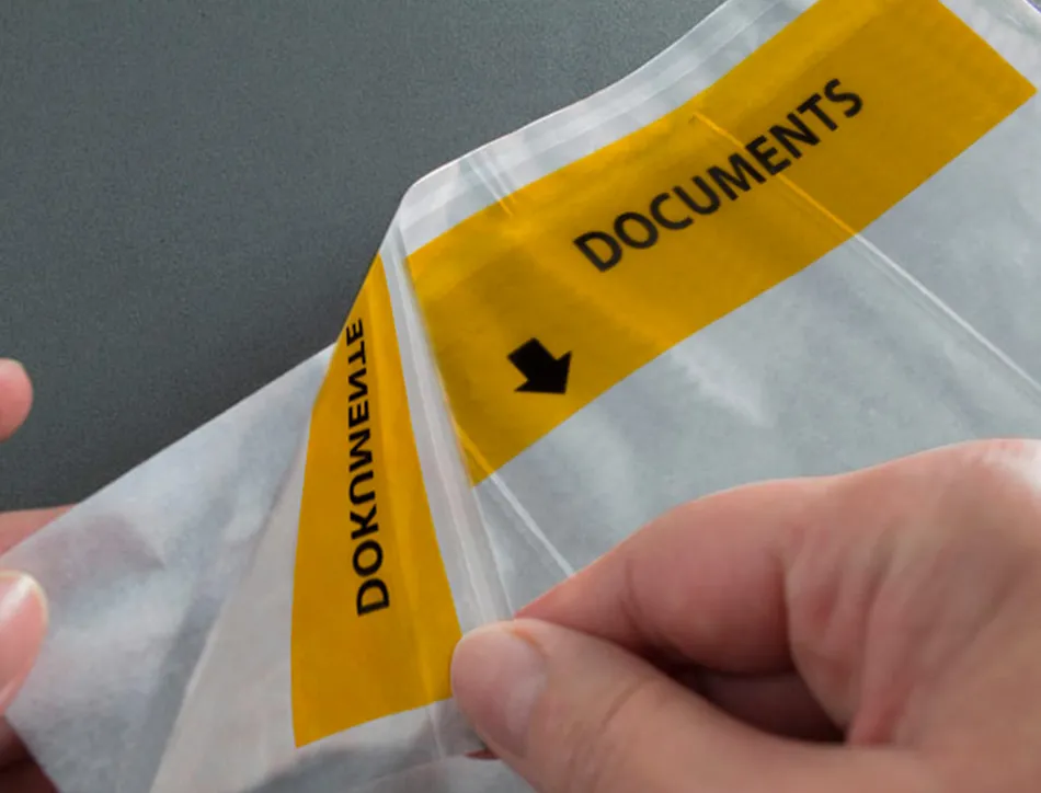 Pochette porte-documents q-connect 225x165mm auto-adhesive transparente texte francais allemand boite 100 unites