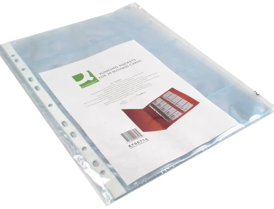 Pochette q-connect polypropylene a4 lisse 8/100e pour cartesde visite capacite 200 cartes sachet de 10 u