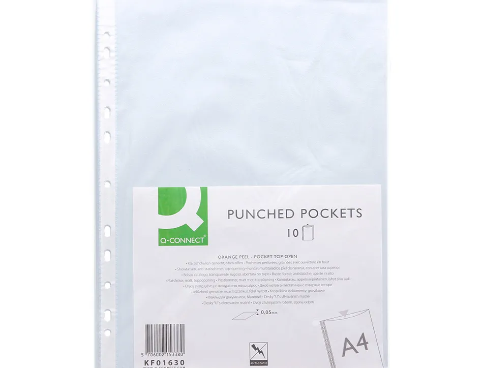 Pochette q-connect polypropylène grainé 5/100e eco perforée antistatique a4 210x297mm sachet 10 unités
