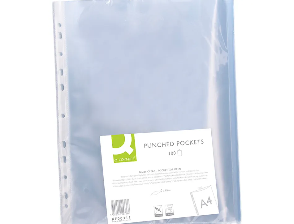 Pochette q-connect polyproylène lisse 5/100e perforée cristal antistatique a4 210x297mm sachet 100 unités