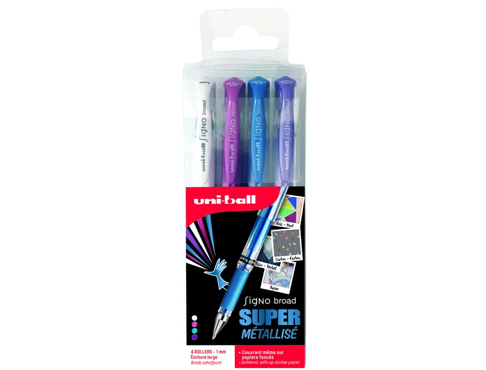 Pochette uniball signo roller encre gel ecriture large broad creatif or / argent / blanc / bronze 4 unites