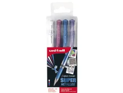 Pochette uniball signo roller encre gel ecriture large broad creatif coloris blanc / bleu rose violet metal 4