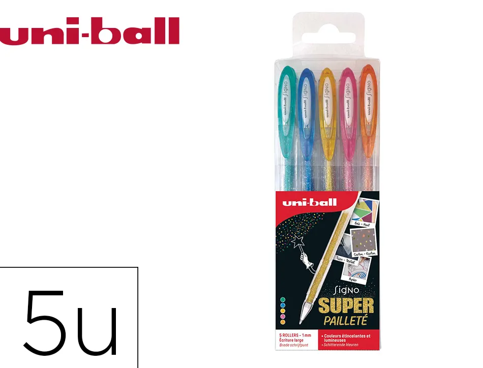 Pochette uniball signo roller encre gel ecriture moyenne coloris paillete bleu / or / orange / rose / vert 5 unites