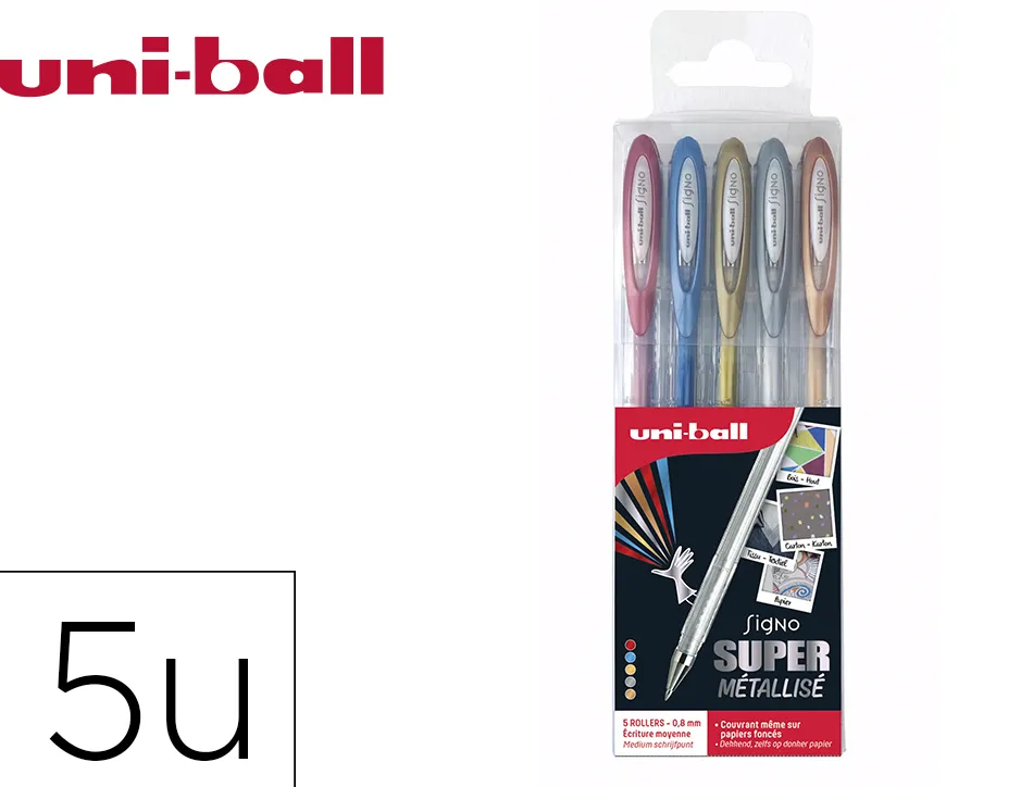 Pochette uniball signo roller encre gel ecriture moyenne coloris metallise or / argent / bronze / bleu / rouge 5
