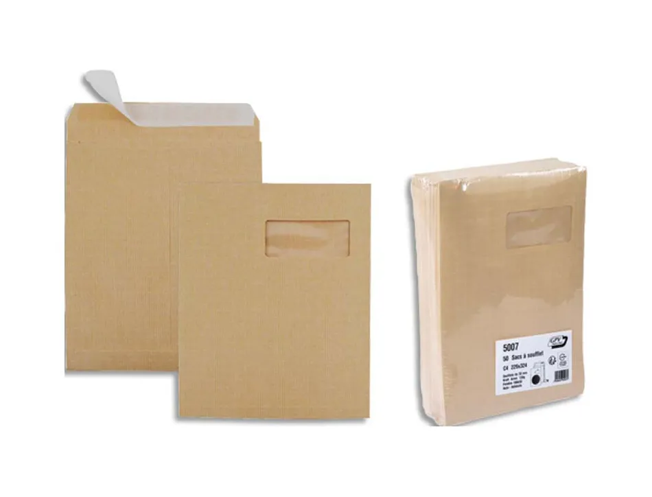 Pochettes kraft armé gpv 3 soufflets format c4 avec fenêtre paquet 50