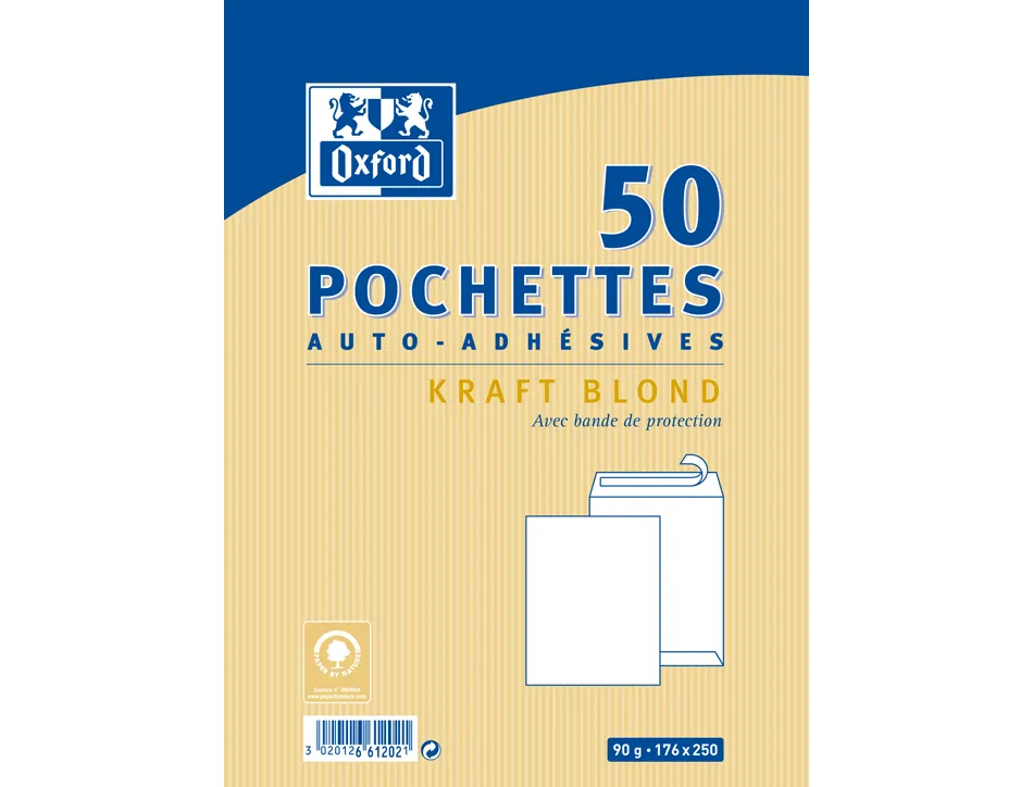 Pochettes oxford kraft auto adhesives avec bande de protection 176x250mm 50 unites