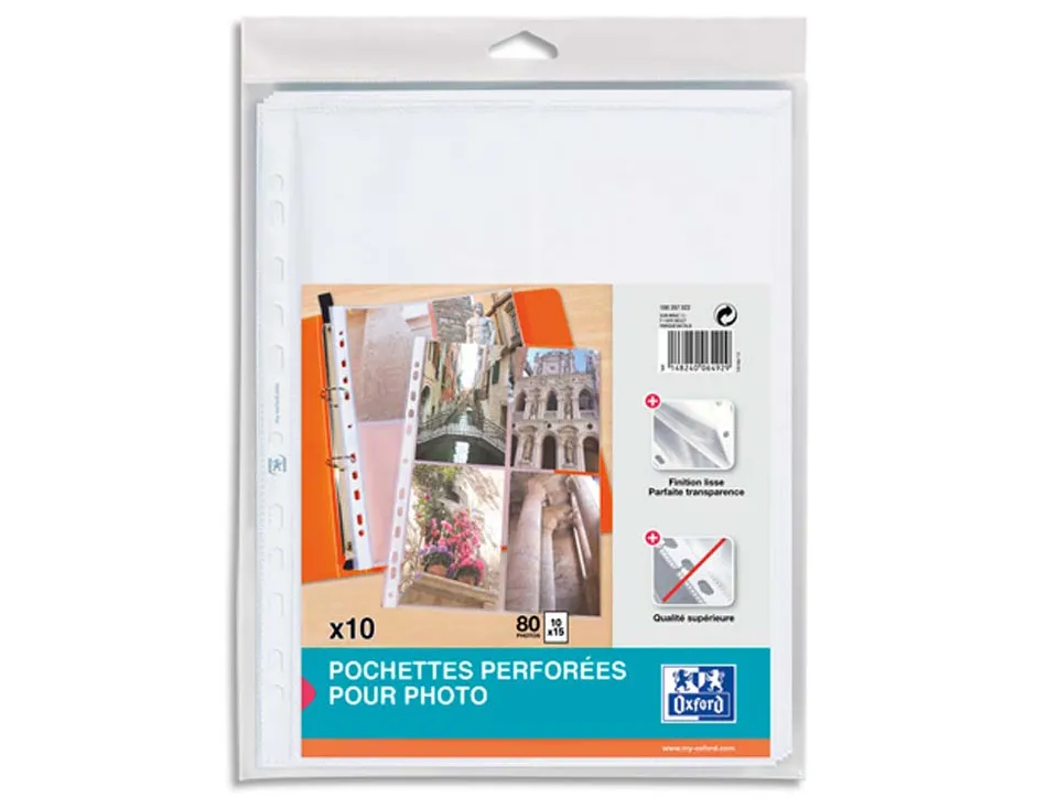 Pochettes perforées oxford polypropylène a4 pour photos 10 x 15 sachet 10