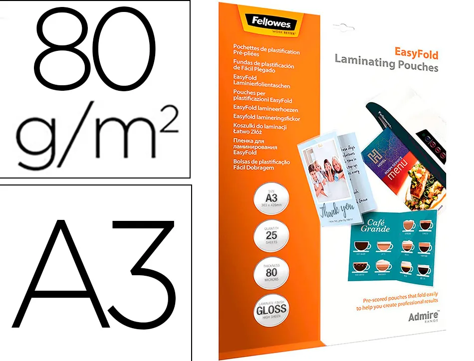 Pochettes plastification fellowes admire polyester transparent resistant eau format a3 80 microns bt de 25