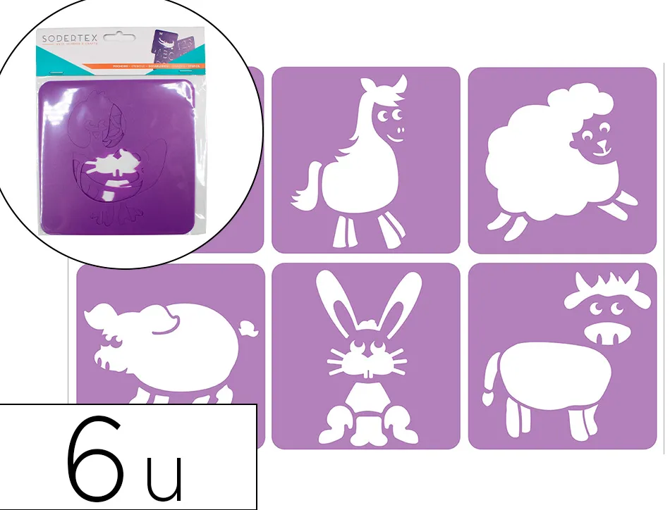 Pochoirs sodertex a la ferme en plastique incassable 5mm 140x140mm 6 pcs coloris assorti