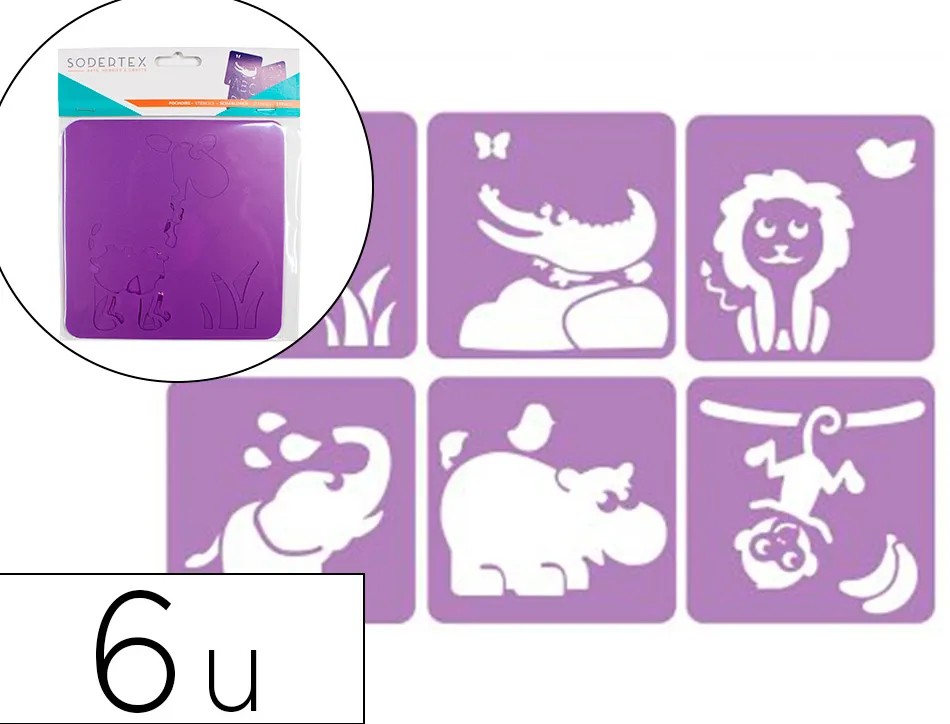 Pochoirs sodertex dans la savane en plastique incassable 5mm 140x140mm 6 pcs coloris assorti
