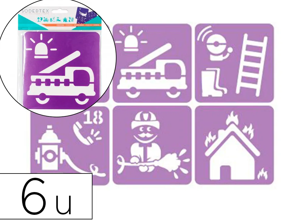 Pochoirs sodertex les pompiers en plastique incassable 5mm 140x140mm 6 pcs coloris assorti