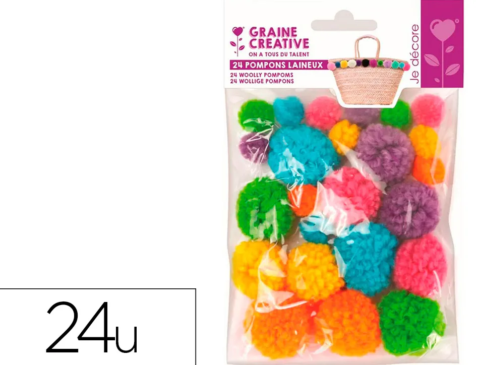 Pompon graine creative polyester diametre 15mm 30mm ass coloris arc en ciel sachet de 24u