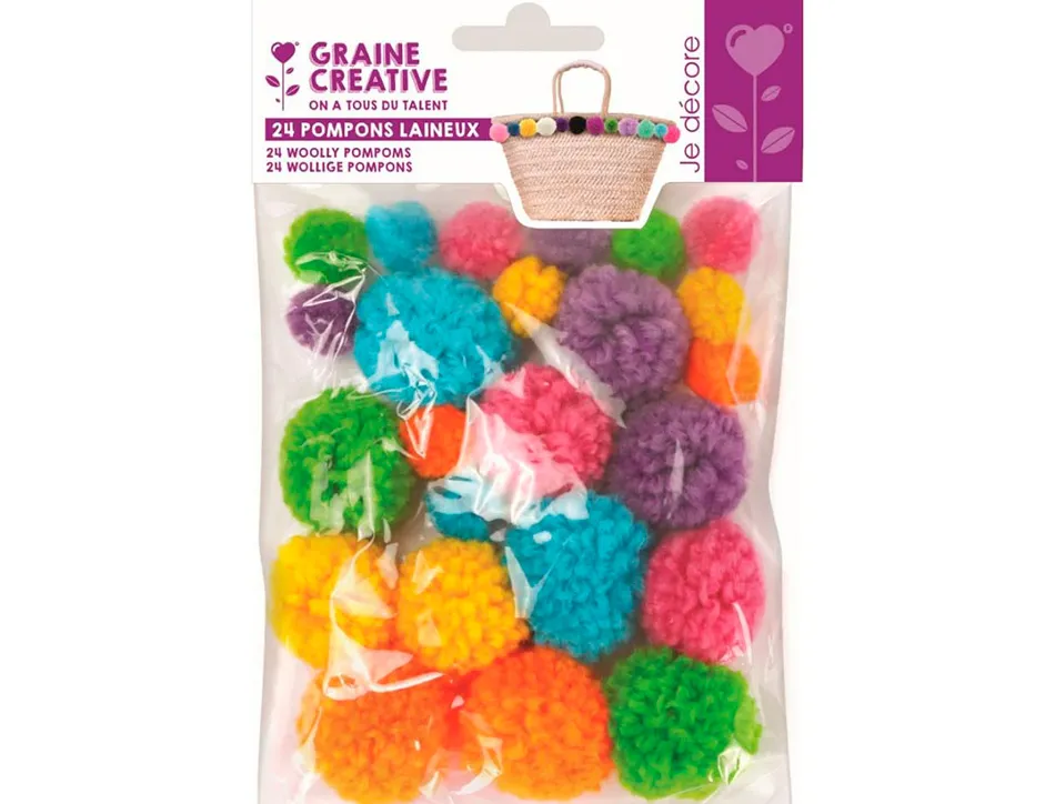 Pompon graine creative polyester diametre 15mm 30mm ass coloris arc en ciel sachet de 24u