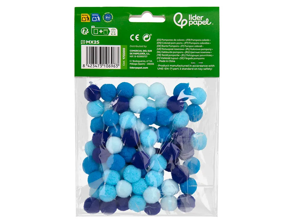 Pompons de couleur liderpapel diametre 1,5cm coloris nuances bleu assortis sachet 80 unites