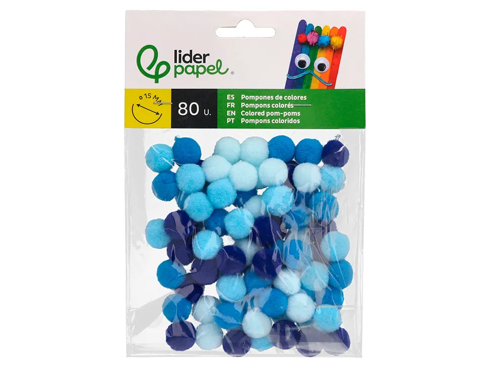 Pompons de couleur liderpapel diametre 1,5cm coloris nuances bleu assortis sachet 80 unites