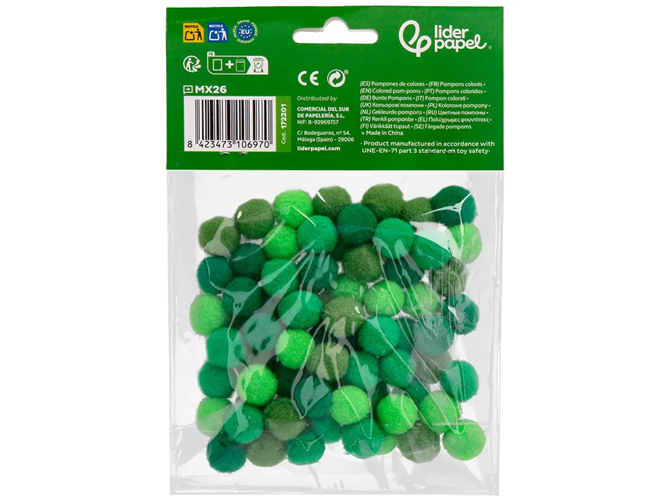 Pompons de couleur liderpapel diametre 1,5cm coloris nuances vert assortis sachet 80 unites