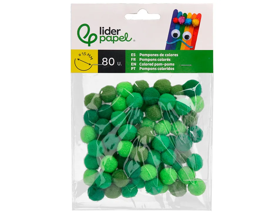 Pompons de couleur liderpapel diametre 1,5cm coloris nuances vert assortis sachet 80 unites