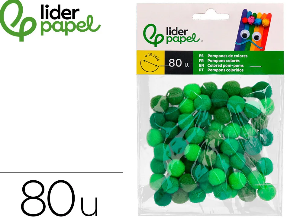 Pompons de couleur liderpapel diametre 1,5cm coloris nuances vert assortis sachet 80 unites