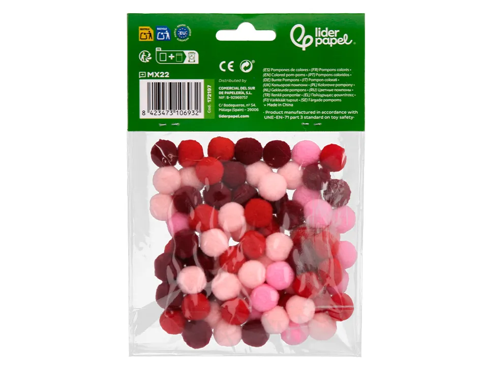 Pompons de couleur liderpapel diametre 1,5cm coloris nuances rouge assortis sachet 80 unites