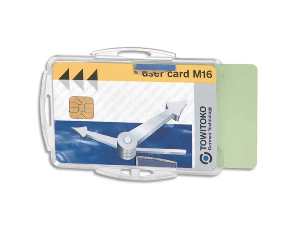 Porte-badge durable pour 2 cartes de securite format portrait ou paysage enrouleur lacet chainette 54x85mm 10 unites