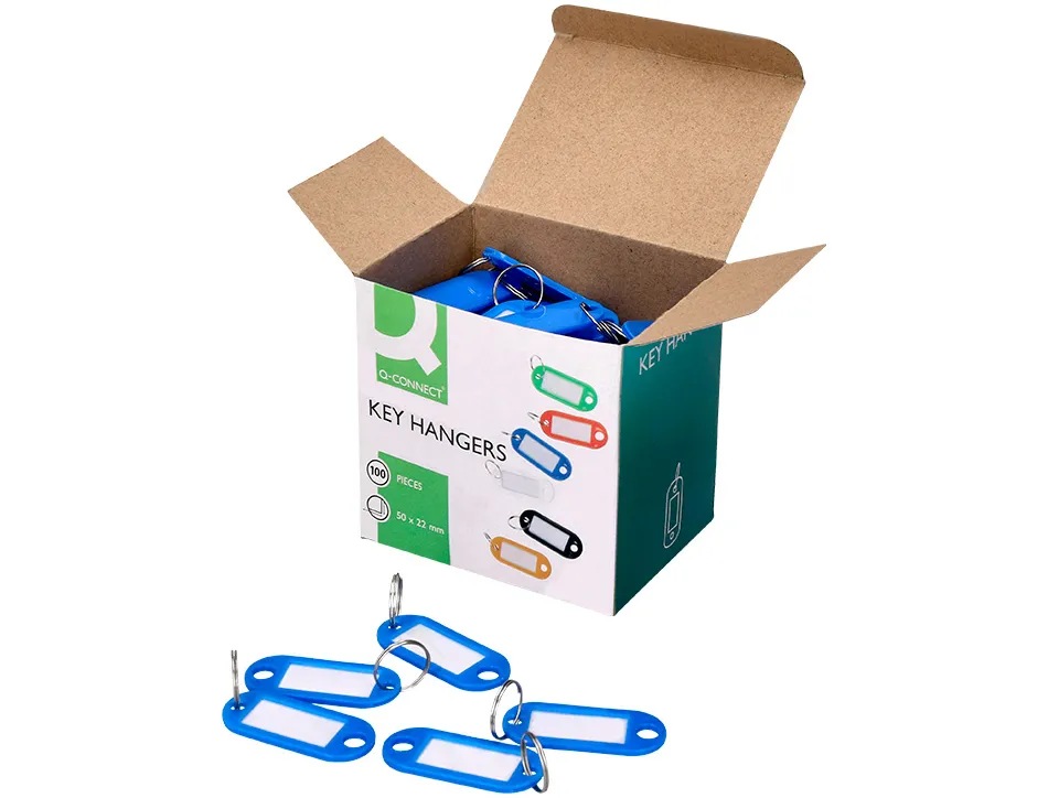 Porte-clés q-connect porte-étiquette plastique 50x22mm coloris bleu présentoir 100 unités