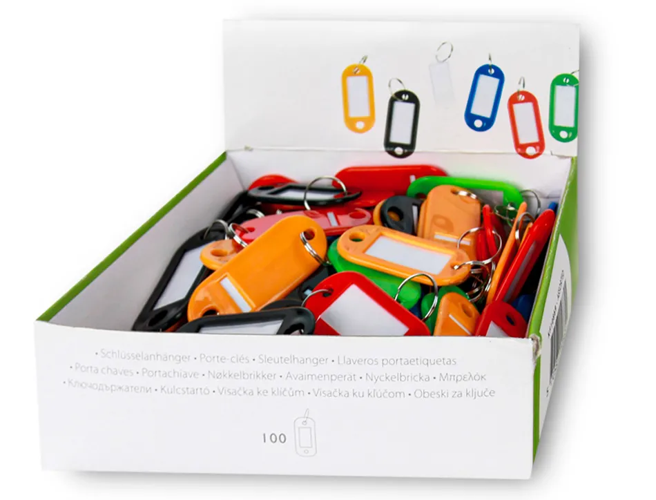 Porte-clés q-connect porte-étiquette plastique 50x22mm 5 coloris assortis présentoir 100 unités