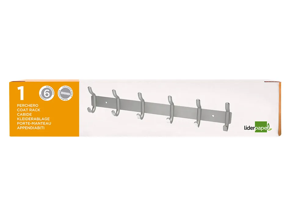 Porte-manteaux liderpapel mural metal 6 pateres 430x88x55mm coloris argent