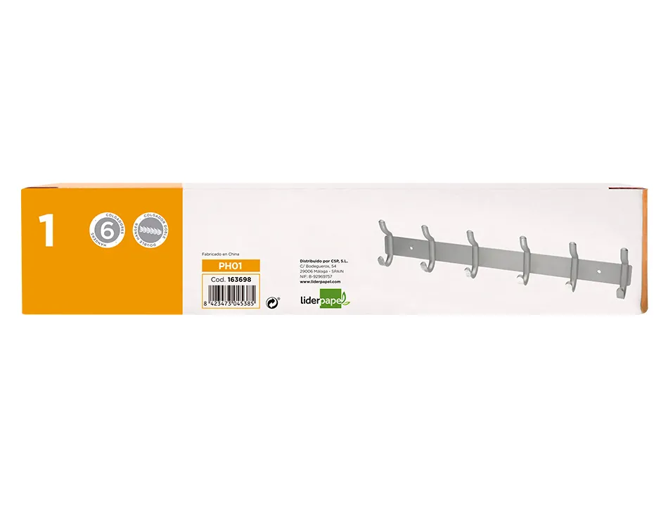 Porte-manteaux liderpapel mural metal 6 pateres 430x88x55mm coloris argent
