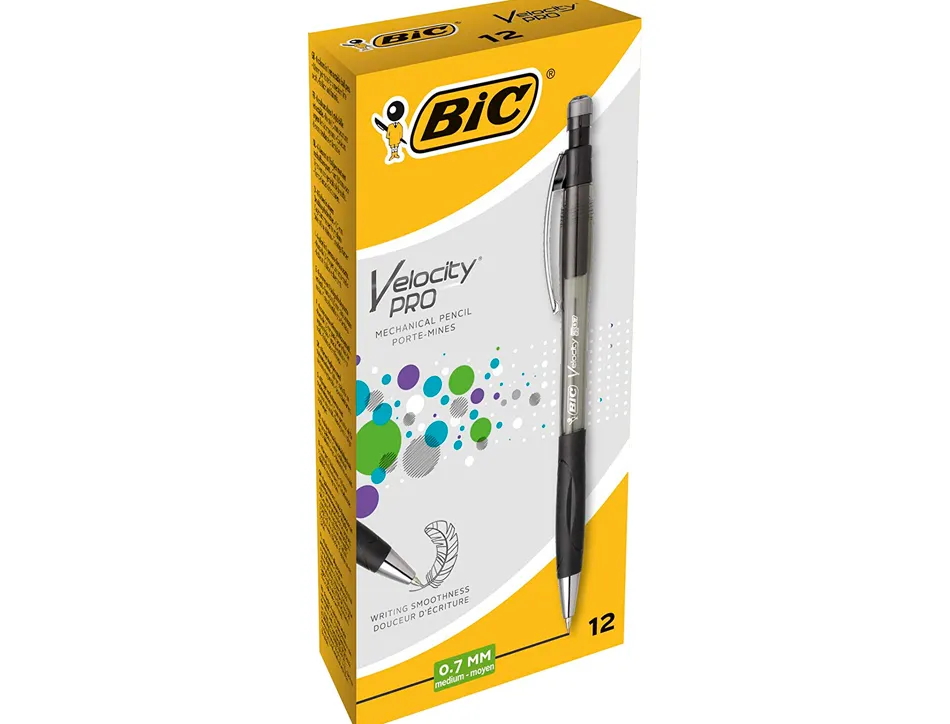Porte-mine bic velocity 0.7mm corps transparent canon rétractable gomme capuchon protecteur amortisseur anti-casse mine