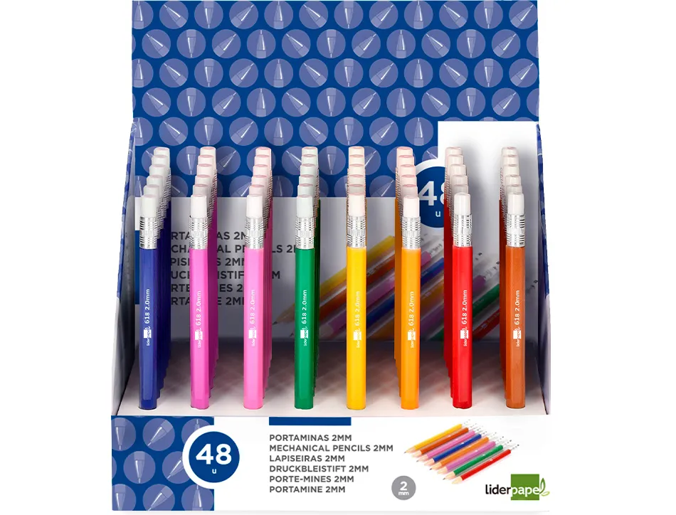 Porte-mine liderpapel plastique 2mm rétractable inclut mines graphite coloris assortis