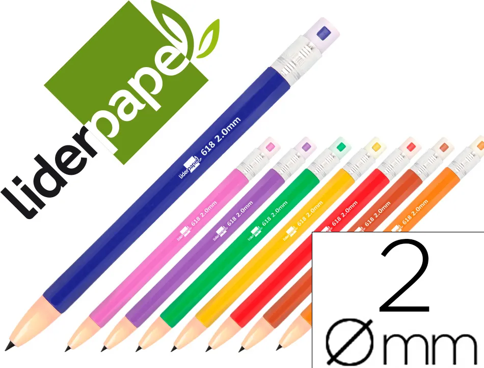 Porte-mine liderpapel plastique 2mm rétractable inclut mines graphite coloris assortis