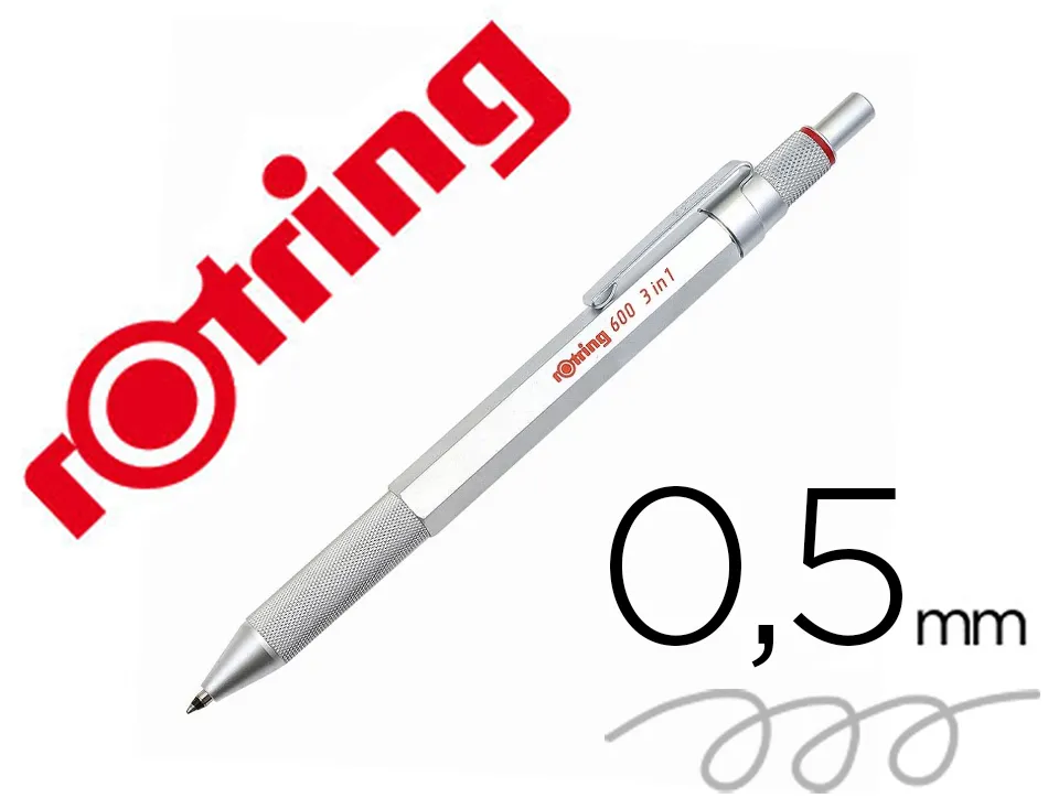 Portemine rotring 600 mecanisme 3 en 1 mine 0,5 mm et stylo-bille grip coloris argent
