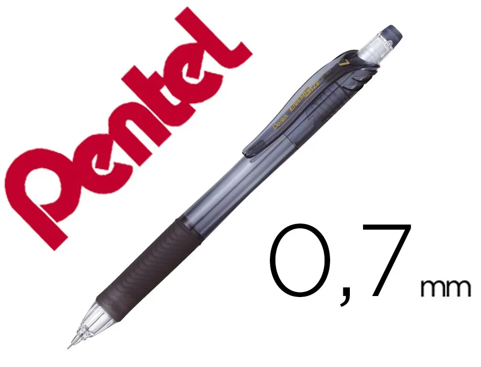Porte-mines pentel energize canon fixe mine 0,7mm grip caoutchouc gomme avec capuchoncorps coloris noir translucide