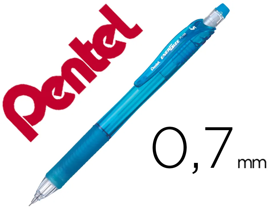 Porte-mines pentel energize canon fixe mine 0,7mm grip caoutchouc gomme avec capuchoncorps coloris bleu translucide