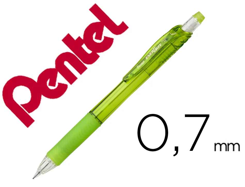 Porte-mines pentel energize canon fixe mine 0,7mm grip caoutchouc gomme avec capuchoncorps coloris vert translucide