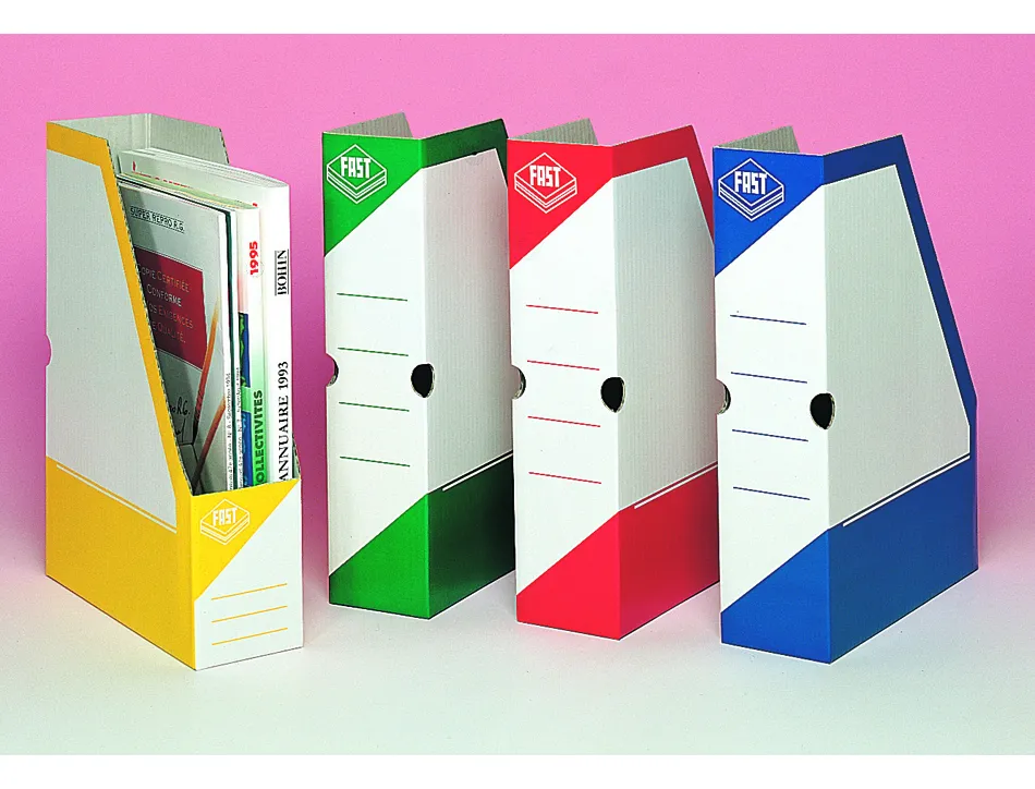 Porte-revues fast carton blanc pan coupé 335x250x80mm impression couleur vernie 2 trous de préhension livré à plat bleu