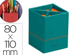Pot crayons rhodiarama quatre compartiments en simil cuir paon velout 8x8x11cm