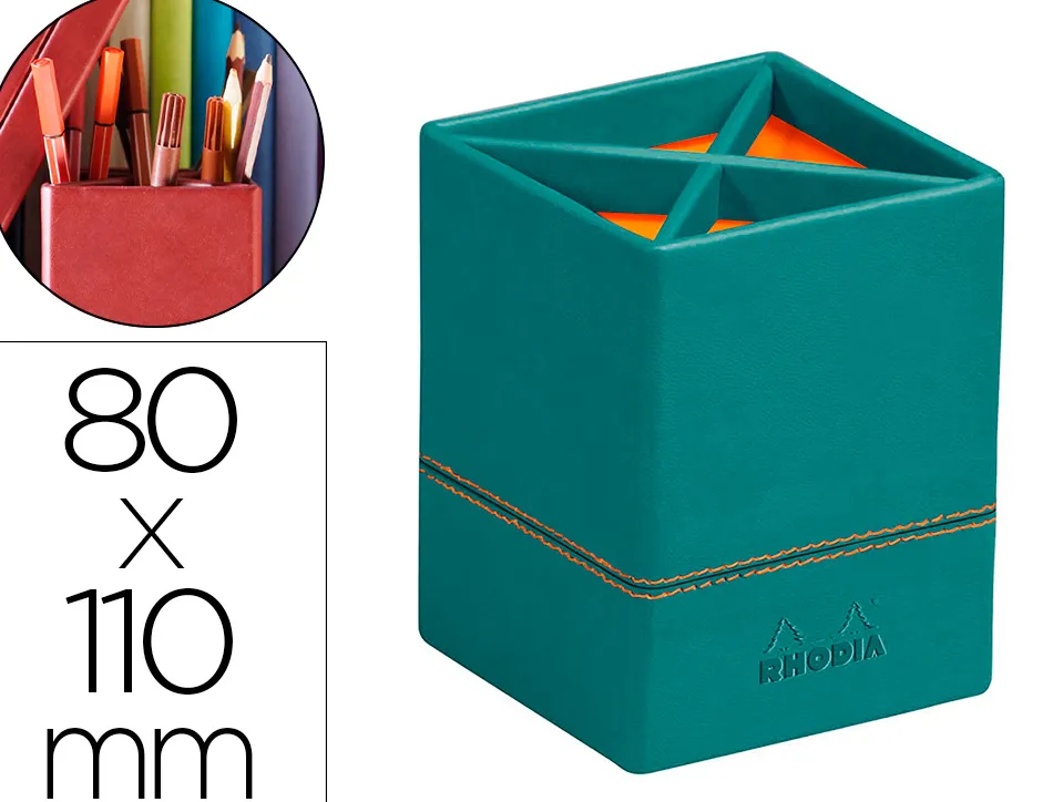 Pot crayons rhodiarama quatre compartiments en simil cuir paon velout 8x8x11cm