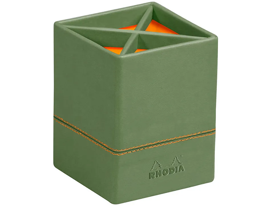 Pot crayons rhodiarama 4 compartiments en simil cuir sauge velout 8x8x11cm