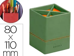Pot crayons rhodiarama 4 compartiments en simil cuir sauge velout 8x8x11cm